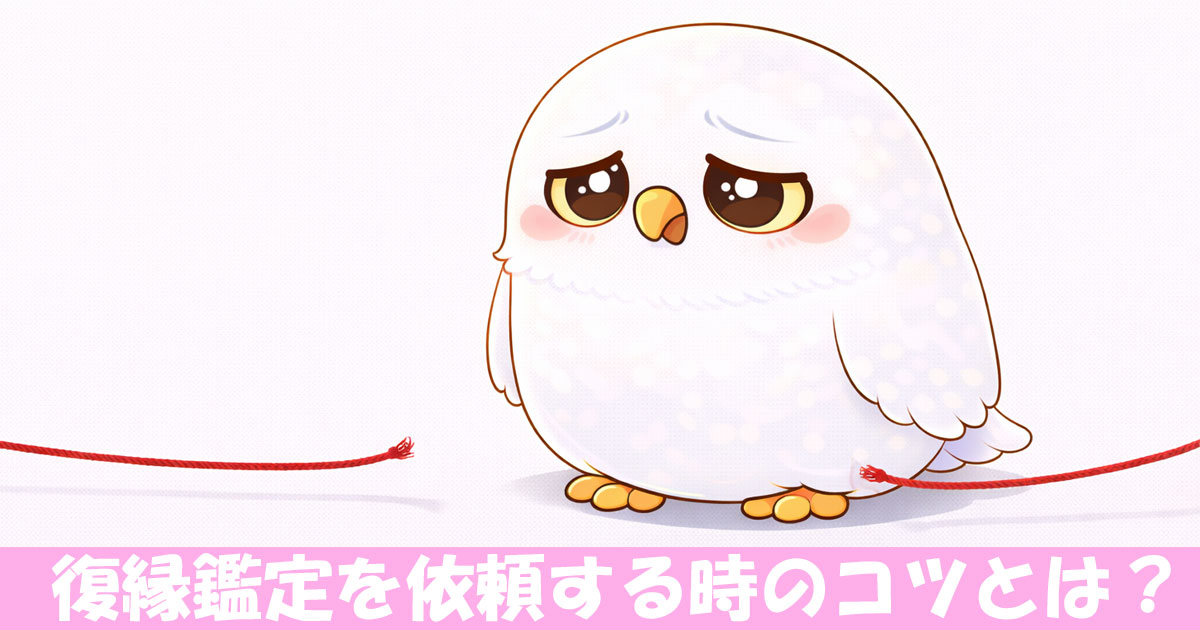 途切れた赤い糸を悲しそうに眺めるフクロウ