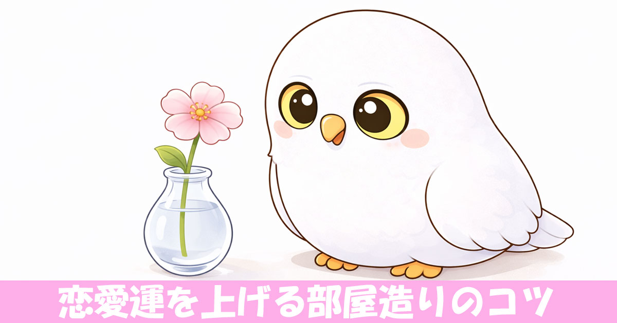 ピンクの花を眺めるフクロウのイラスト